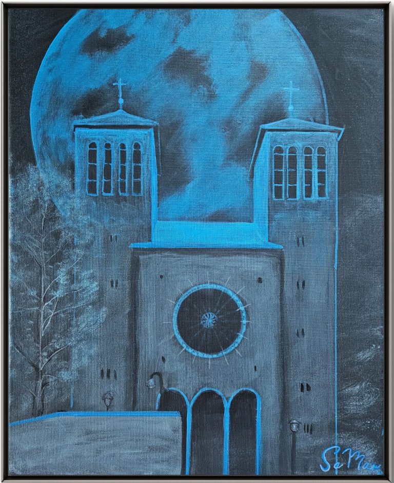 Dunkle Architektur mit blauer Beleuchtung vor einem großen blauen Vollmond, von samar.