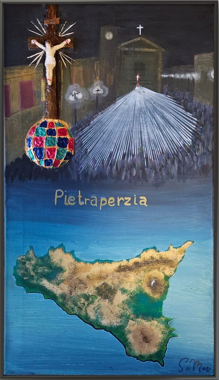 Kunstwerk mit einer Kreuzigungsszene und einer Karte von Patoperezia.