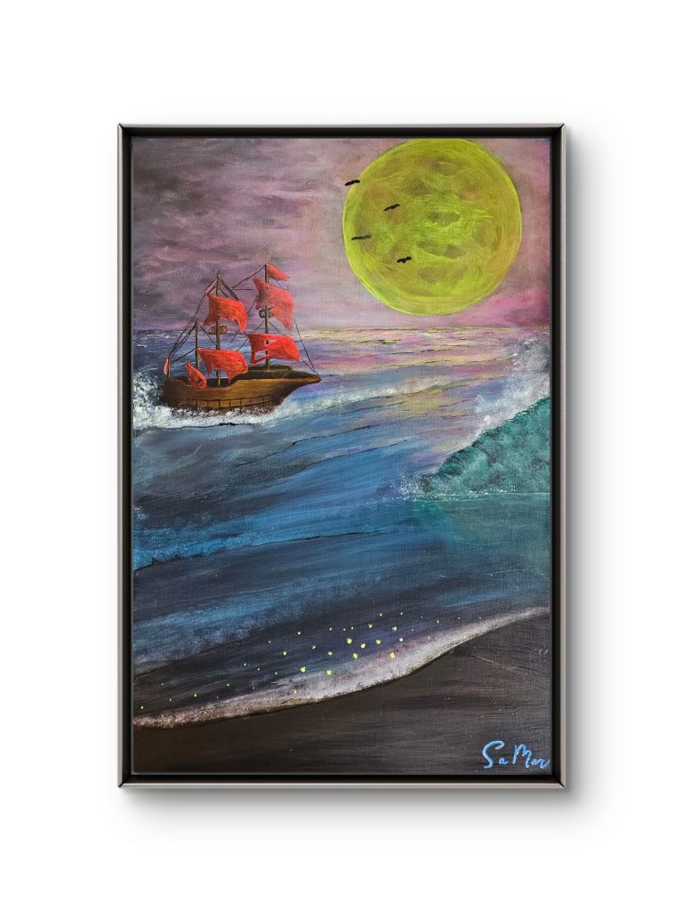 Das Flüstern der Gezeiten Rotes Schiff auf stürmischer See unter einem leuchtenden Vollmond von Samar